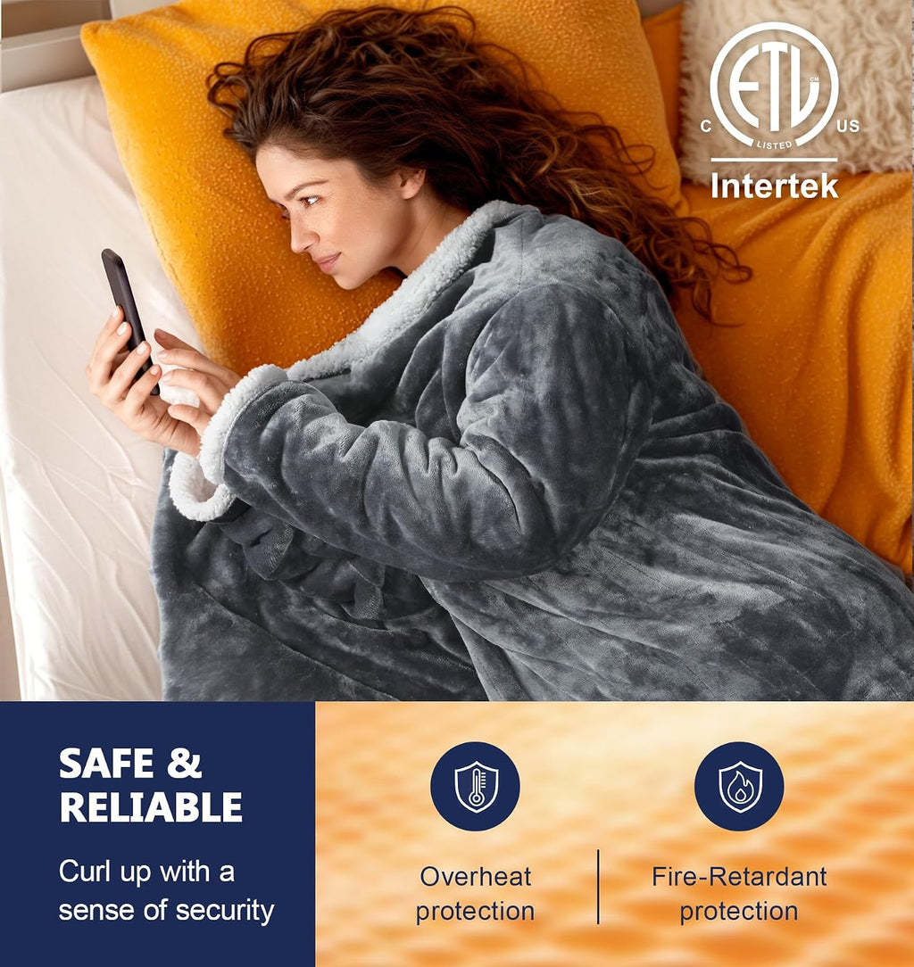Wearable Heated Blanket with Foot Pocket, 50 * 70"+18", Ash Gray