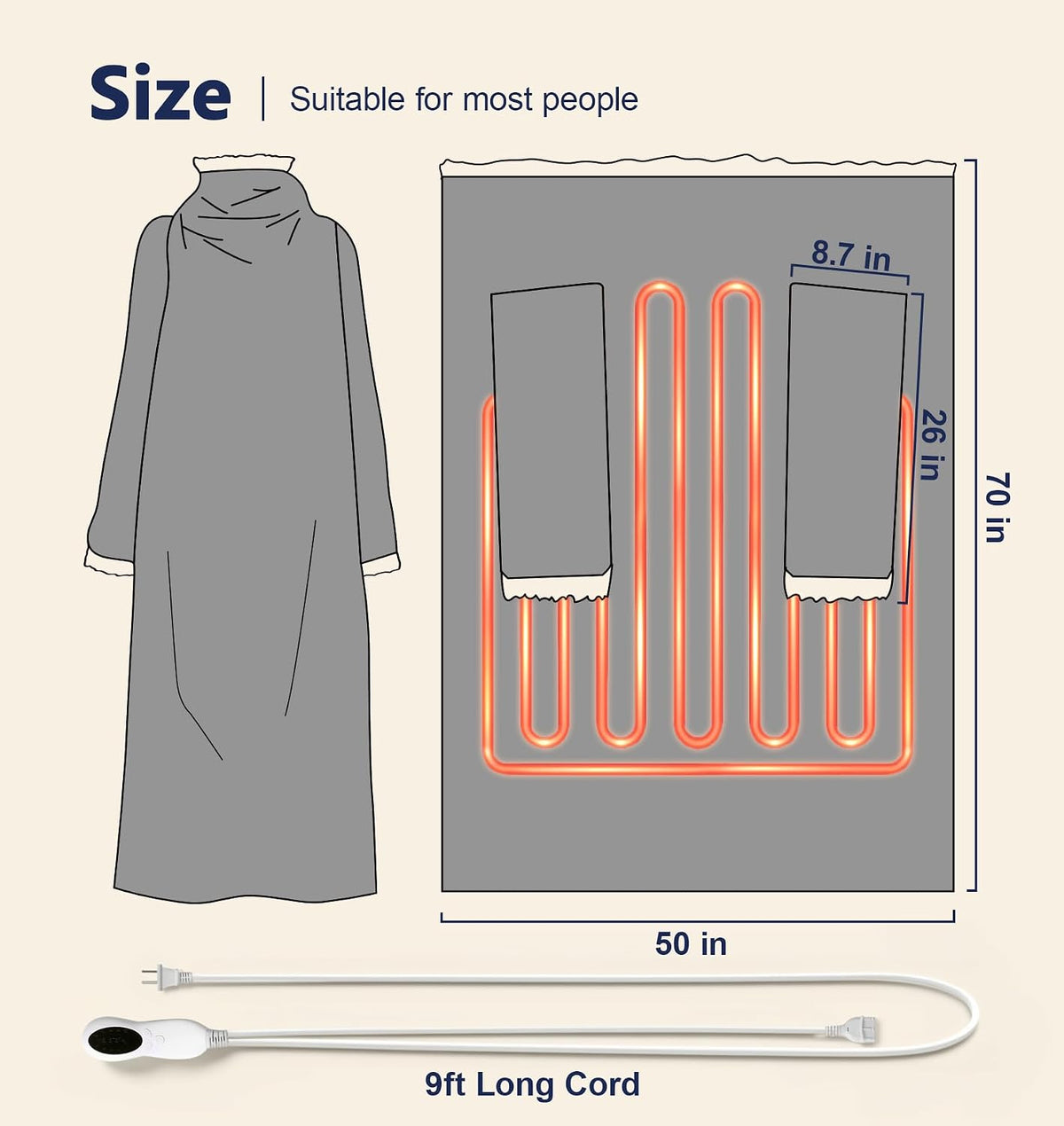 Wearable Heated Blanket with Foot Pocket, 50 * 70"+18", Ash Gray