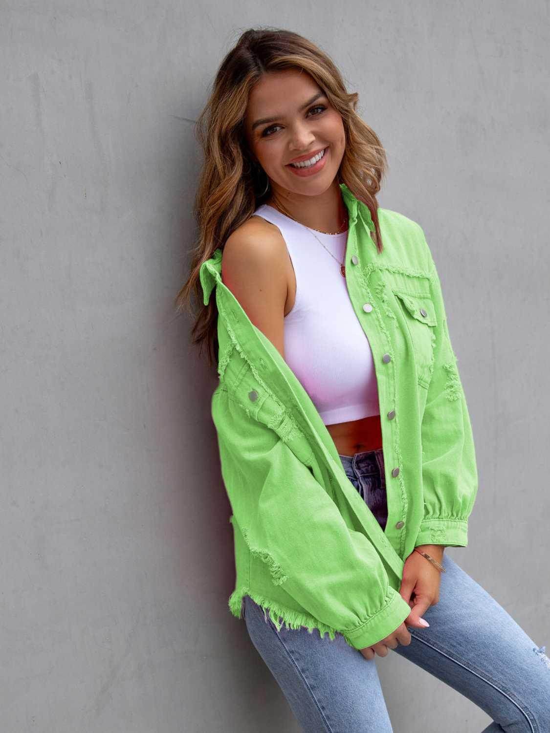 Distressed Drop Shoulder Denim Jacket for Casual Style