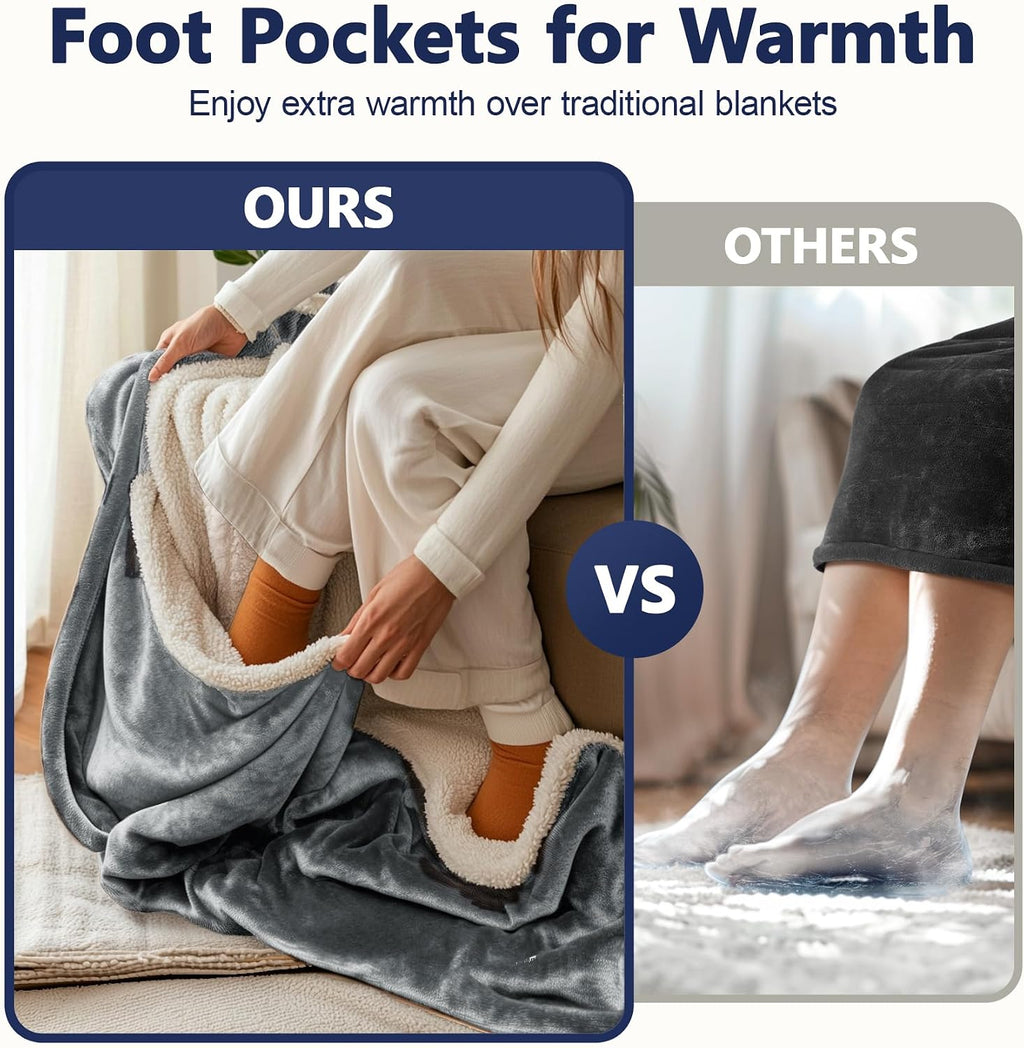 Wearable Heated Blanket with Foot Pocket, 50 * 70"+18", Ash Gray