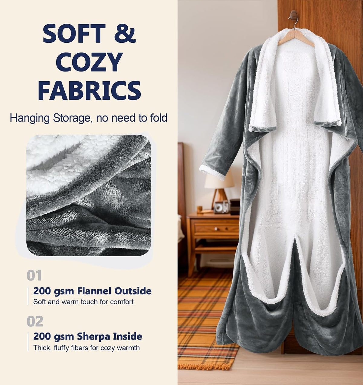 Wearable Heated Blanket with Foot Pocket, 50 * 70"+18", Ash Gray