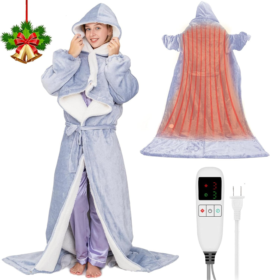Wearable Heated Blanket for Women with Removable Foot Pocket,Electric Snuggle Heated Blankets with Sleeves Warm Heated Robe Flannel & Sherpa Heated Throw Wrap Shawl with 9 Temp for Winter（Light Gray）