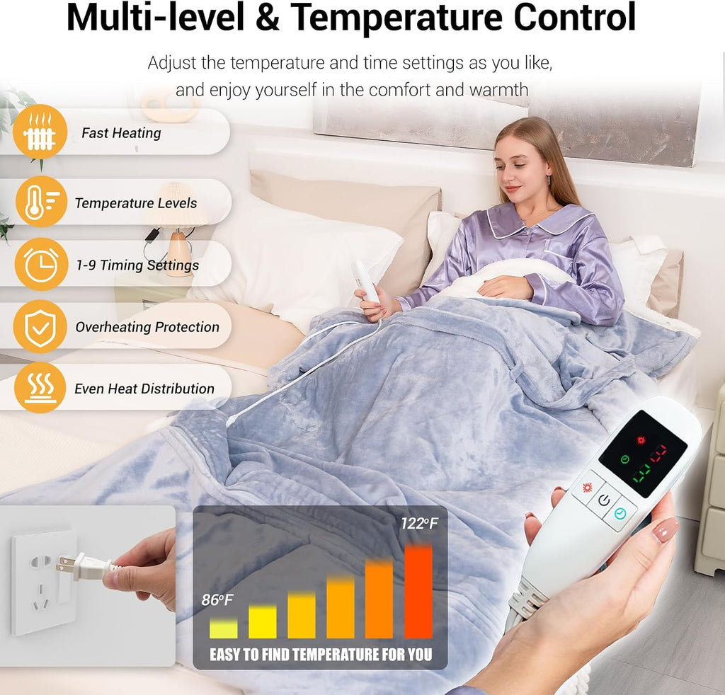 Wearable Heated Blanket for Women with Removable Foot Pocket,Electric Snuggle Heated Blankets with Sleeves Warm Heated Robe Flannel & Sherpa Heated Throw Wrap Shawl with 9 Temp for Winter（Light Gray）