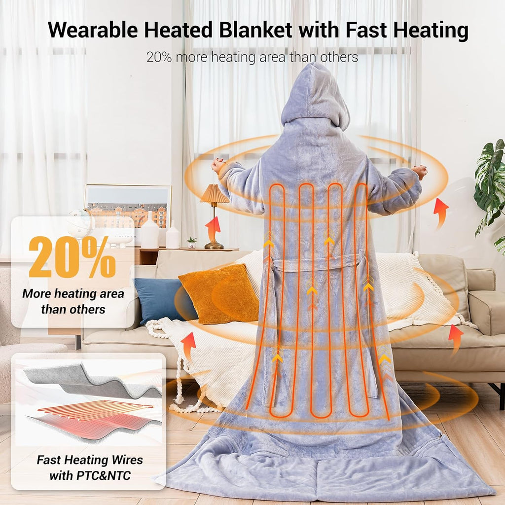 Wearable Heated Blanket for Women with Removable Foot Pocket,Electric Snuggle Heated Blankets with Sleeves Warm Heated Robe Flannel & Sherpa Heated Throw Wrap Shawl with 9 Temp for Winter（Light Gray）